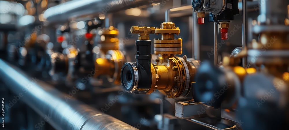 Fototapeta premium Complex piping systems and valves within an industrial boiler room