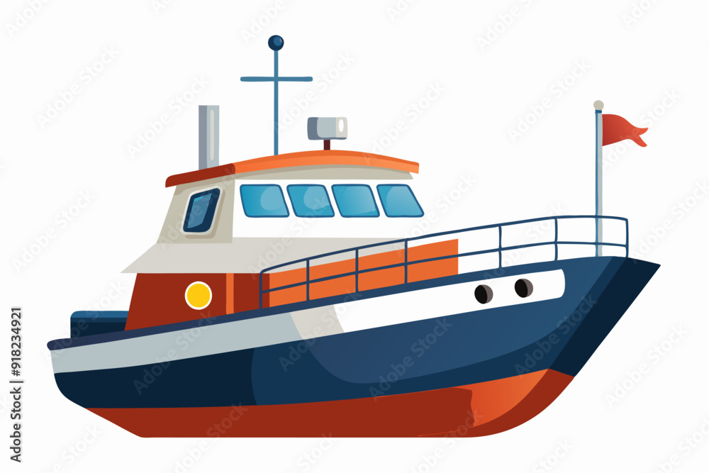 Cartoon illustration of a small blue and red boat with a red flag Cartoon illustration of a small blue and red boat with a red flag