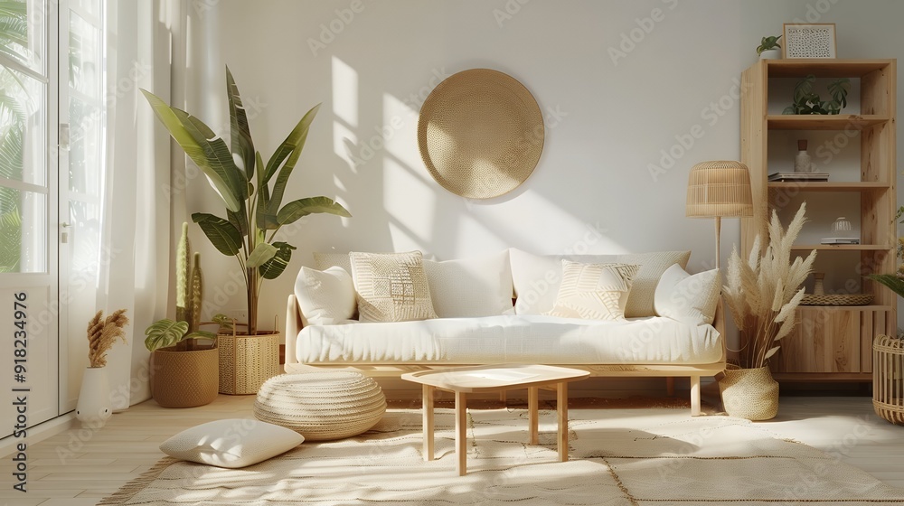 Living Room Interior With Sofa, Wicker Armchair, Cactus Plant And Coffee Table Living Room Interior With Sofa, Wicker Armchair, Cactus Plant And Coffee Table