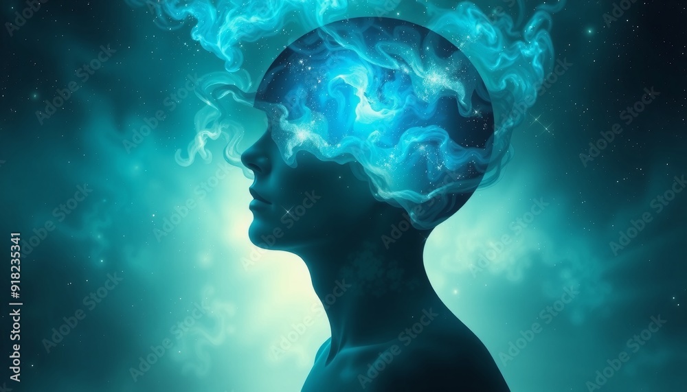 an artistic representation of a human figure with a head revealing a cosmic landscape nebulae in shades of blue and green envelop stars ethereal light casts a magical aura ar an artistic representation of a human figure with a head revealing a cosmic landscape nebulae in shades of blue and green envelop stars ethereal light casts a magical aura ar