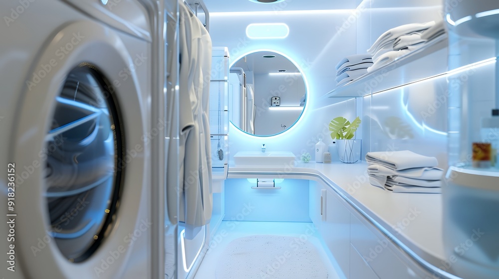 Futuristic laundry room with advanced washing machine and holographic interfaces Futuristic laundry room with advanced washing machine and holographic interfaces