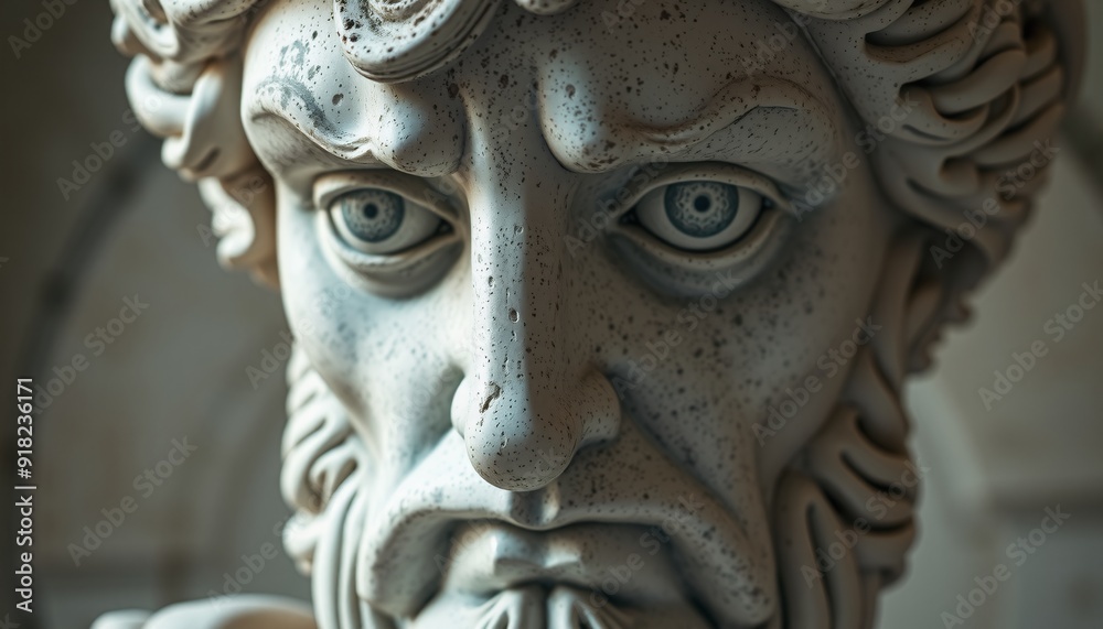 evocative expression on the face of an old statue blending maximalist baroque details with hints of vanitas positioned in soft diffused light enhancing the depth of its sto