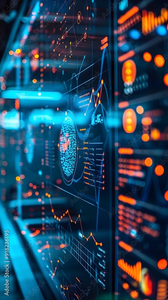 Naklejka premium Advanced Algorithms Analyzing Big Data on Multiple Screens in a Futuristic Tech Hub
