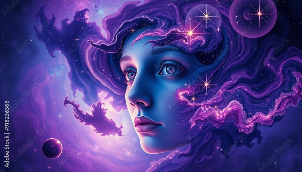 abstract image of a face emerging from a swirling nebula vivid purples and blues stars and cosmic elements intertwine with facial features suggesting the vastness and myster abstract image of a face emerging from a swirling nebula vivid purples and blues stars and cosmic elements intertwine with facial features suggesting the vastness and myster