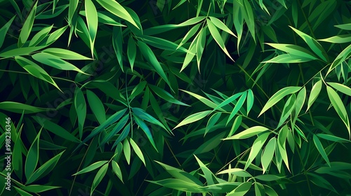 Stylized bamboo leaves, vibrant greens, flat design, clean lines