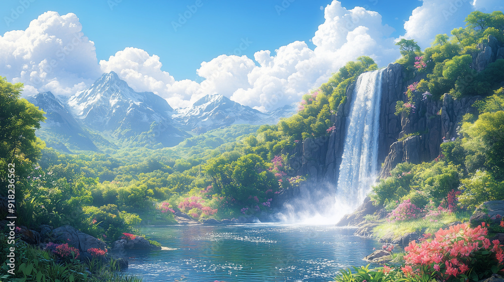 Fototapeta premium Tranquil Waterfall Paradise: A serene landscape featuring a cascading waterfall amidst lush greenery, snow-capped mountains, and a crystal-clear lake, bathed in the warm glow of a vibrant blue sky. Th