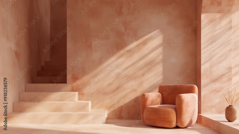 Terra cotta accent armchair in spacious room with steps and stucco wall Minimalist japandi interior design of modern living room Terra cotta accent armchair in spacious room with steps and stucco wall Minimalist japandi interior design of modern living room