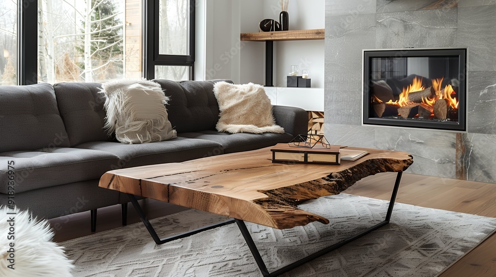 Fototapeta premium Marble coffee table near grey sofa and green velvet armchair against fireplace Art deco style interior design of modern living room