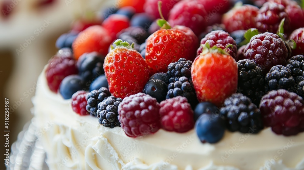 Delicious Berry Cake with Fresh Fruit Topping - A close-up of a white cake topped with a variety of fresh berries, showcasing the vibrant colors and textures of the fruit. The cake is a symbol of cele Delicious Berry Cake with Fresh Fruit Topping - A close-up of a white cake topped with a variety of fresh berries, showcasing the vibrant colors and textures of the fruit. The cake is a symbol of cele