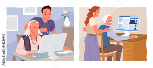 Help and assistance, support from young people to grandparents in using computer set. Grandpa and grandma sitting at home desk to work on PC, study or chat on social media cartoon vector illustration