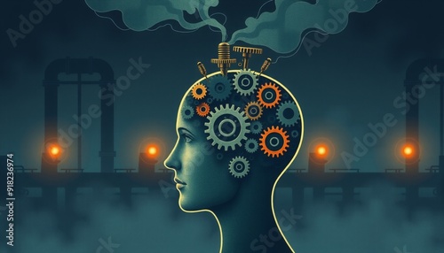 a creative illustration of a human head filled with gears and cogs steam rising from the top set against a dark industrial backdrop emphasizing the complexity of thought and photo