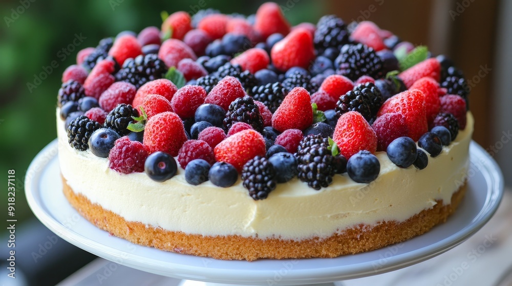Delicious Cheesecake Topped with Fresh Berries - A creamy cheesecake topped with a vibrant assortment of fresh berries, symbolizing celebration, indulgence, sweetness, summer, and freshness. Delicious Cheesecake Topped with Fresh Berries - A creamy cheesecake topped with a vibrant assortment of fresh berries, symbolizing celebration, indulgence, sweetness, summer, and freshness.