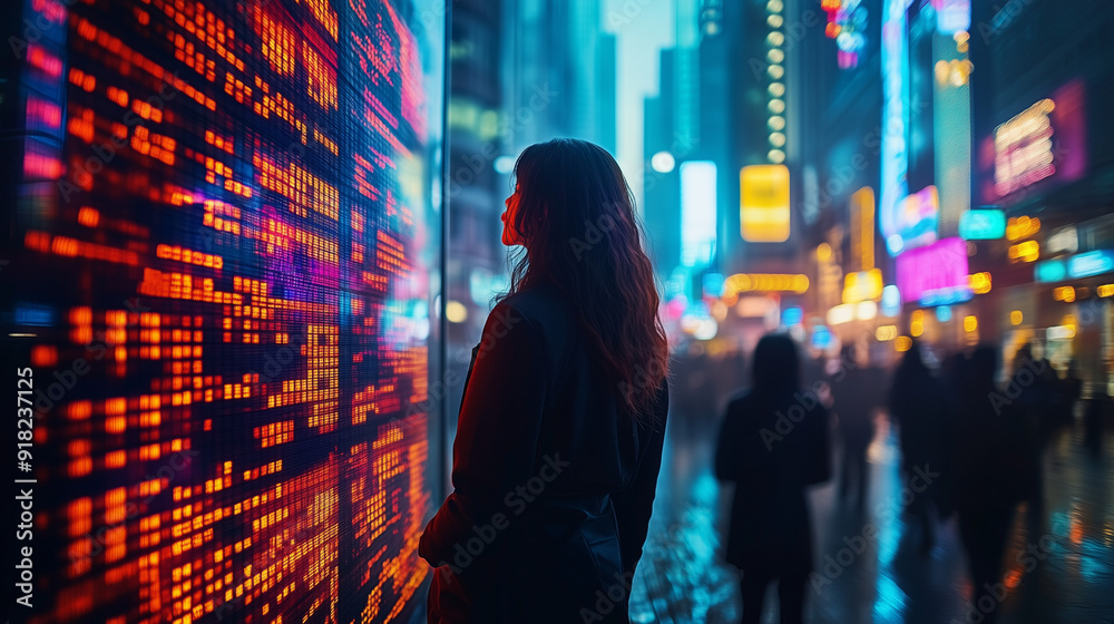 Cyberpunk Cityscape: A lone woman stands amidst the neon glare of a futuristic cityscape, her silhouette a stark contrast against the vibrant digital display behind her. The image evokes a sense of wo Cyberpunk Cityscape: A lone woman stands amidst the neon glare of a futuristic cityscape, her silhouette a stark contrast against the vibrant digital display behind her. The image evokes a sense of wo