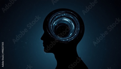surreal silhouette of a head with a swirling star-filled void inside against a dark galactic backdrop representing the vast and uncharted territories of human thought