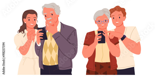 Help from young people to elderly to use mobile phone set. Grandpa and grandma with glasses holding smartphones, guy and girl teach old relatives how to call and chat cartoon vector illustration