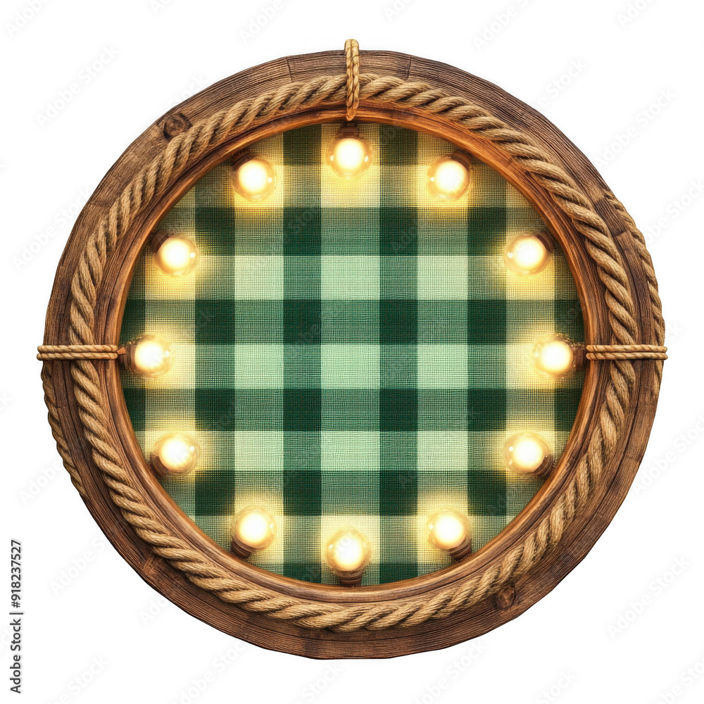 Round Wooden Frame with Rope Detailing and Green Checkered Center Round Wooden Frame with Rope Detailing and Green Checkered Center