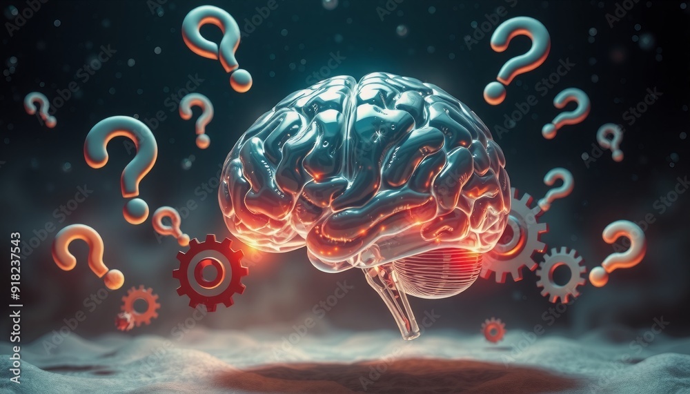 surreal scene of a translucent brain surrounded by floating question ...