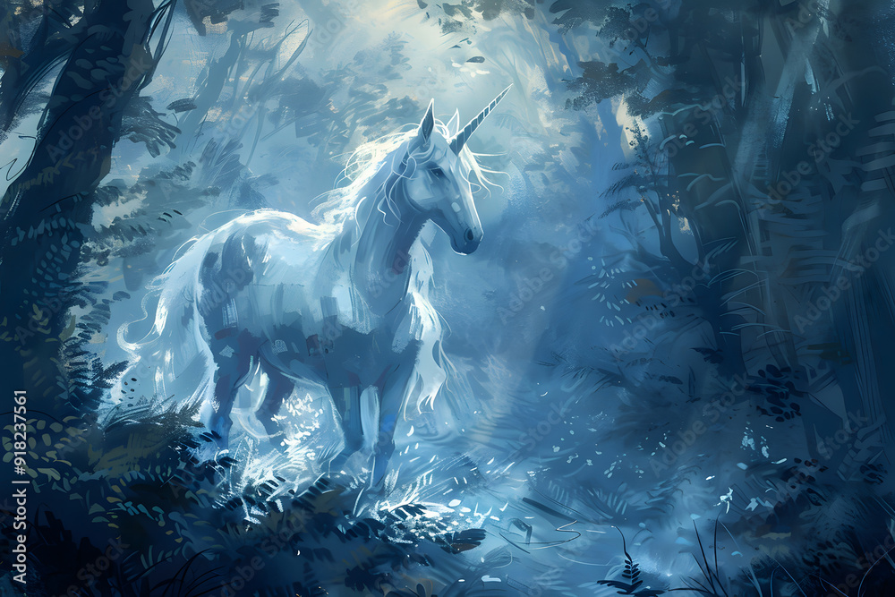 A Mystical White Unicorn in an Enchanted Forest with Moonlight Filtering through Dense Foliage A Mystical White Unicorn in an Enchanted Forest with Moonlight Filtering through Dense Foliage
