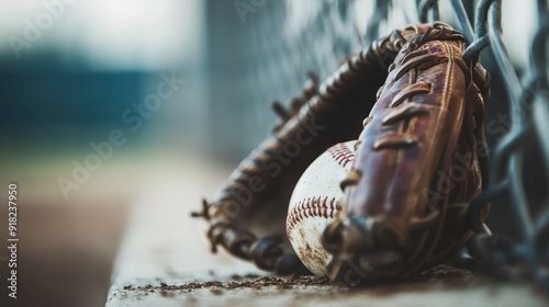 A well-used baseball glove and ball resting on concrete next to a chain-link fence. The image emphasizes the readiness and preparation involved in baseball. photo