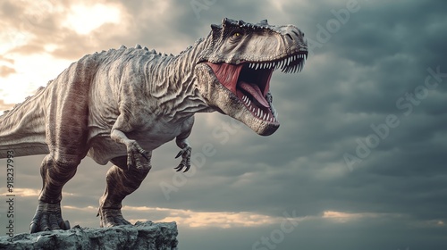 Megalosaurus roaring on a cliff edge against a stormy sky, CGI dinosaurs, dramatic prehistoric power photo