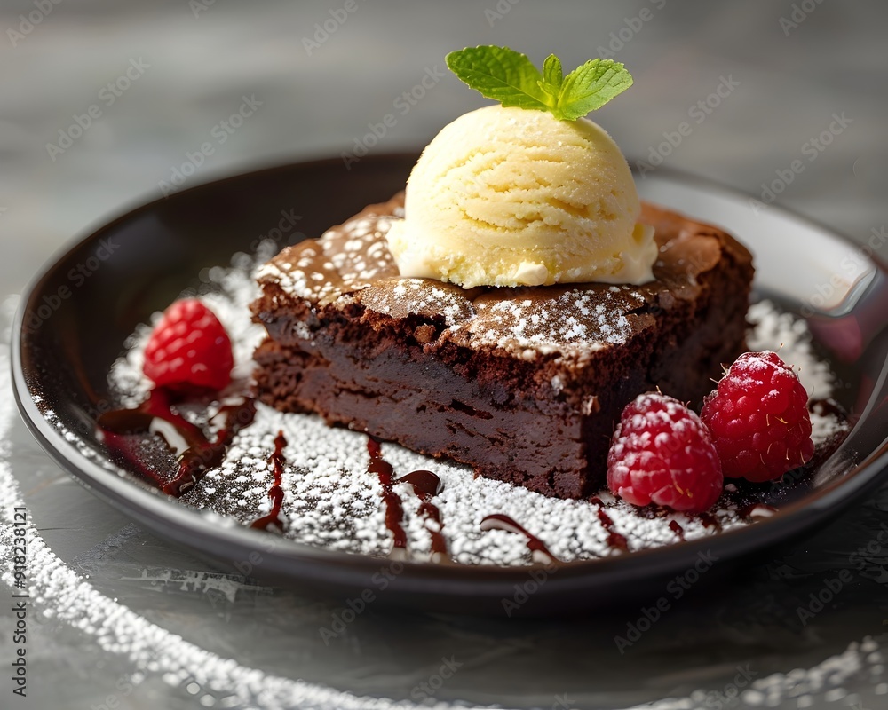 Elegant Plated Dessert with Vanilla Ice Cream and Warm Gooey Brownie Indulgent Culinary Delight Elegant Plated Dessert with Vanilla Ice Cream and Warm Gooey Brownie Indulgent Culinary Delight