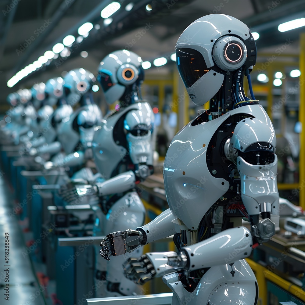 Robots Working Alongside Humans in a High Tech Manufacturing Plant Intelligence Concept with Copy Space Robots Working Alongside Humans in a High Tech Manufacturing Plant Intelligence Concept with Copy Space