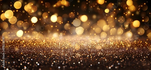Abstract golden bokeh lights glitter on black background. Festive, holiday, luxury, and celebratory.