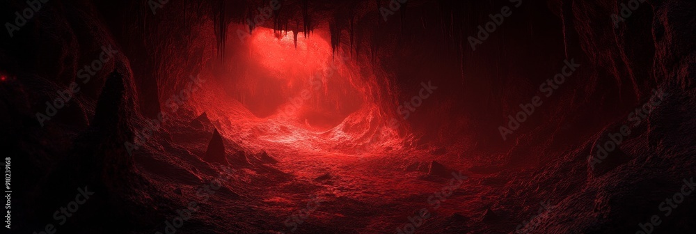 Fototapeta premium Eerie Red Cave with Glowing Light - A mysterious cave illuminated by a bright red glow, symbolizing danger, mystery, and hidden secrets. The jagged rock formations and the dark shadows create a sense 