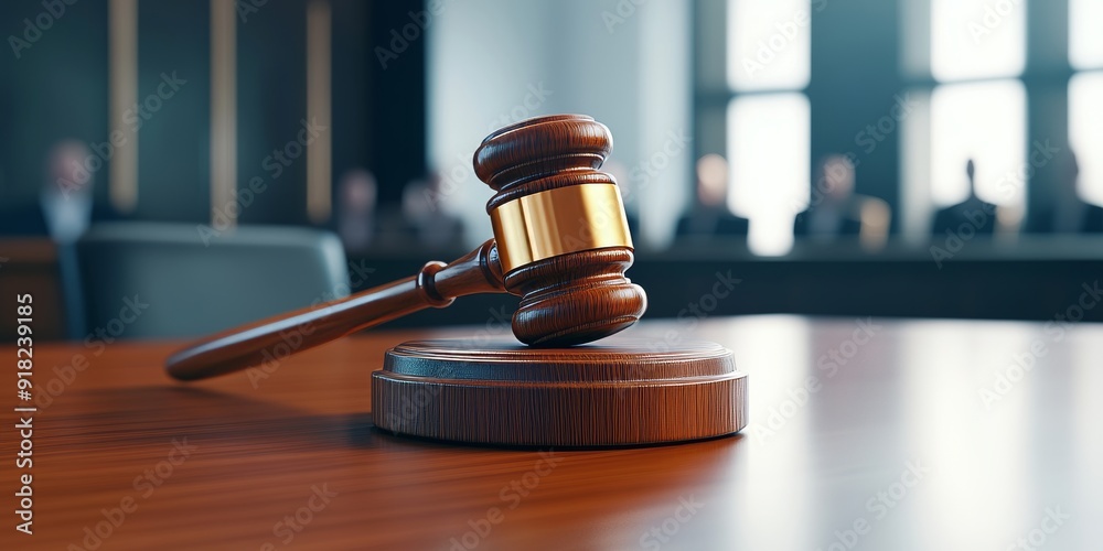 Gavel on Table in Courtroom, Wooden Gavel on Desk Gavel on Table in Courtroom, Wooden Gavel on Desk