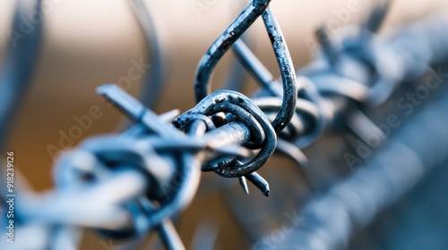 A detailed, close-up view of a barbed wire fence, showcasing its intricate metal twists and sharp points, representing boundary, security, and exclusion. photo