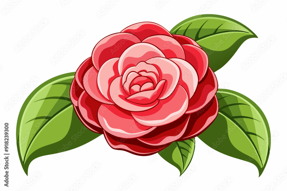 A Single Red Camellia Flower with Green Leaves A Single Red Camellia Flower with Green Leaves
