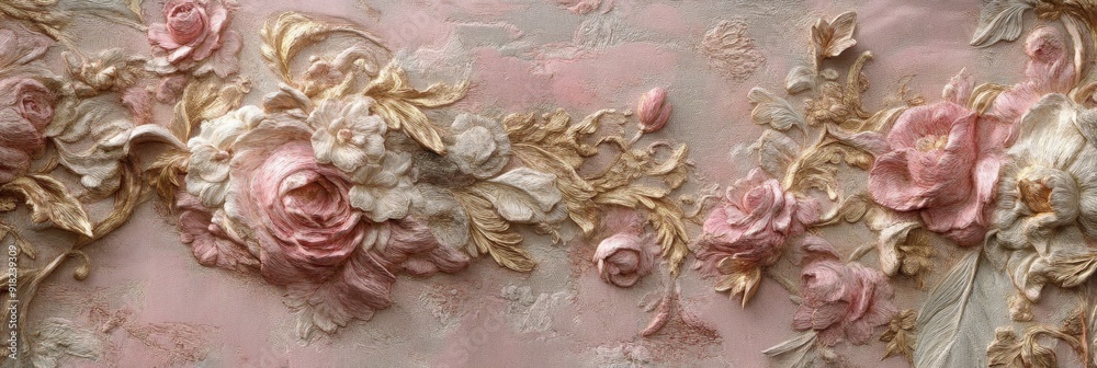 Elegant Floral Wall Decor with Gold Accents - A beautiful floral design with roses, leaves, and gold accents. It symbolizes romance, elegance, beauty, nature, and artistry.