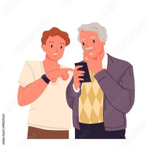 Help from young man to elderly man to use mobile phone. Grandpa with glasses holding smartphone in hand with smile, cute son or grandson pointing at screen to teach cartoon vector illustration