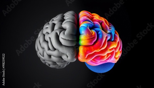 divided brain left side gray and boring right side vibrant with bright colors and light solid black background emphasizing the difference between lifelessness and creativity