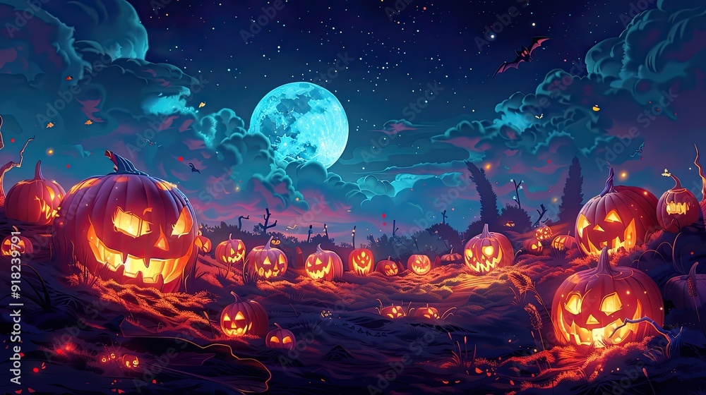 Fototapeta premium Whimsical illustration of a pumpkin patch with mischievous jack-o'-lanterns coming to life at night