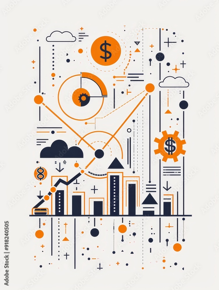 Obraz premium Financial Growth and Strategy Illustration - A modern abstract illustration depicting financial growth and strategy through interconnected lines, charts, and symbols representing business, investment,