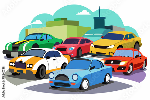 A Row of Colorful Cars Parked in Front of a Cityscape