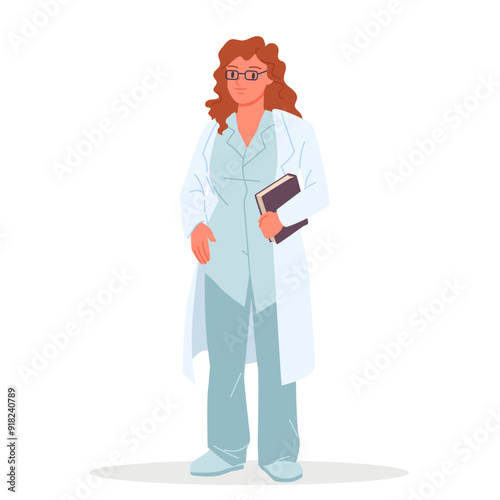 Female doctor, therapist or physician, pharmacist standing. Young cute woman with glasses holding book, front portrait of professional medical worker in blue uniform cartoon vector illustration