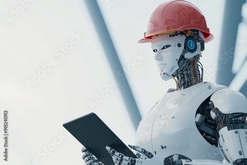 A humanoid robot wearing a hard hat, holding a tablet, suggesting construction or industry.