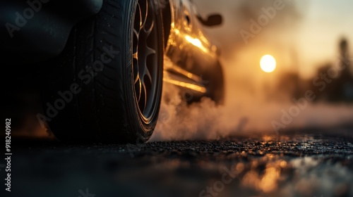 An illuminating view of a car tire spinning quickly on an asphalt road during the golden hour, symbolizing speed, motion, and the thrilling aspects of driving.