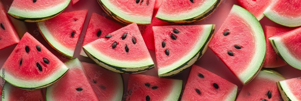 Fresh Slices of Watermelon on Pink Background - Watermelon slices arranged on a pink background, symbolizing summer, refreshment, juicy fruit, sweetness, and vibrant color. Fresh Slices of Watermelon on Pink Background - Watermelon slices arranged on a pink background, symbolizing summer, refreshment, juicy fruit, sweetness, and vibrant color.