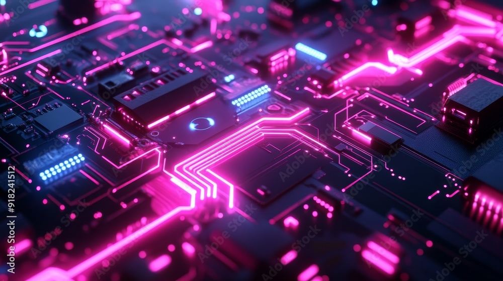 Futuristic Circuit Board with Neon Lights - This image showcases a close-up of a circuit board with glowing neon lights, symbolizing innovation, technology, connectivity, data flow, and the future of Futuristic Circuit Board with Neon Lights - This image showcases a close-up of a circuit board with glowing neon lights, symbolizing innovation, technology, connectivity, data flow, and the future of