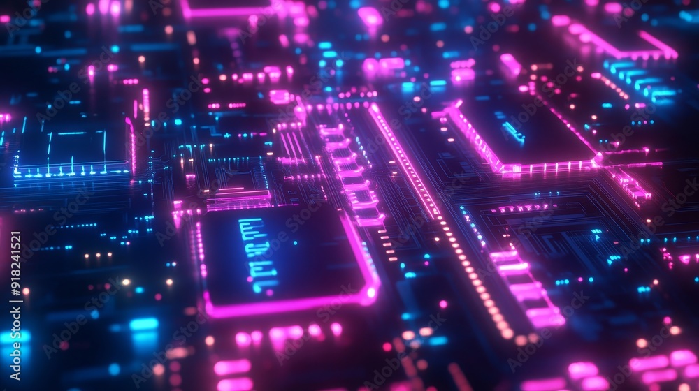 Futuristic Circuit Board with Neon Lights - A close-up of a futuristic circuit board with glowing neon lights, symbolizing technology, innovation, connectivity, progress, and the digital age. Futuristic Circuit Board with Neon Lights - A close-up of a futuristic circuit board with glowing neon lights, symbolizing technology, innovation, connectivity, progress, and the digital age.