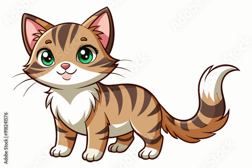 A Cartoon Illustration of a Cute, Striped Cat with Green Eyes