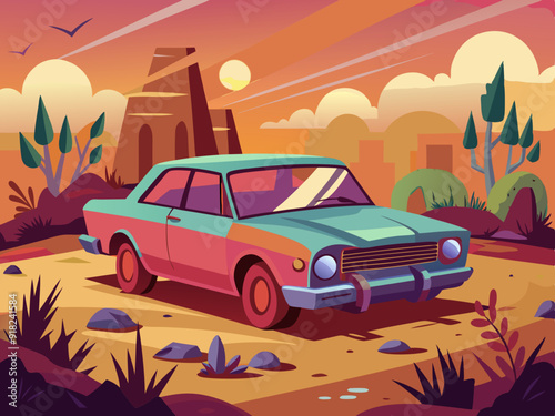 Abandoned car, Illustration, art, background