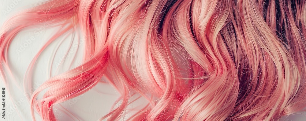 Fototapeta premium Close up of pink and purple ombre hair. Soft, wavy strands create a vibrant and trendy look. Perfect for beauty, fashion, and hair care content.