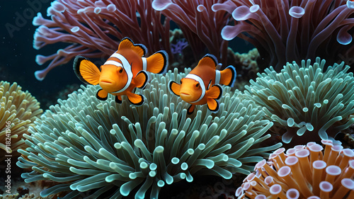 Vibrant symbiosis of Clownfish (Amphiprion ocellaris) and anemones in this stunning photo. Colorful fish swim gracefully among the protective tentacles of their anemone hosts. Generative AI. photo