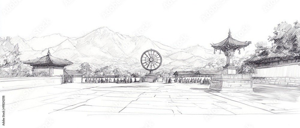 Fototapeta premium Dharma Wheel Dharmachakra Mountain Monastery Buddhism Religion Spiritual Symbol - Generative AI