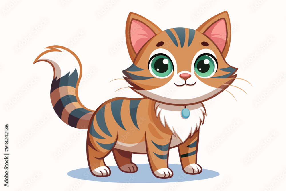 Obraz premium Cartoon Illustration of a Cute Striped Cat with a Blue Collar