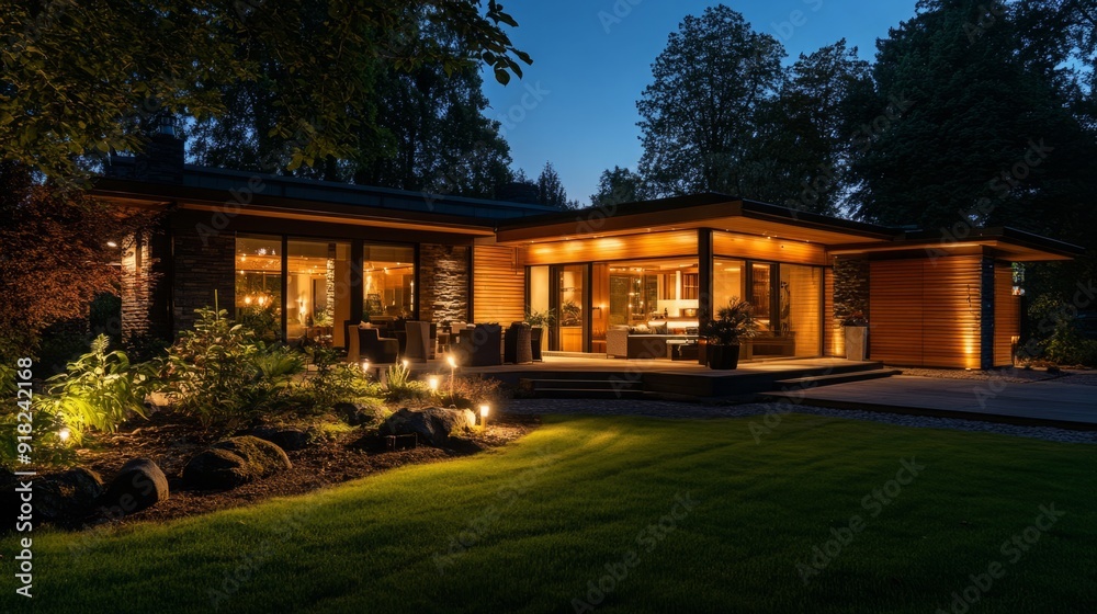 Elegant Nighttime Ambiance: The Captivating Exterior of a Beautiful Home Illuminated by Moonlight Elegant Nighttime Ambiance: The Captivating Exterior of a Beautiful Home Illuminated by Moonlight